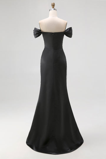 Black Satin Off The Shoulder Mermaid Evening Dress with Slit